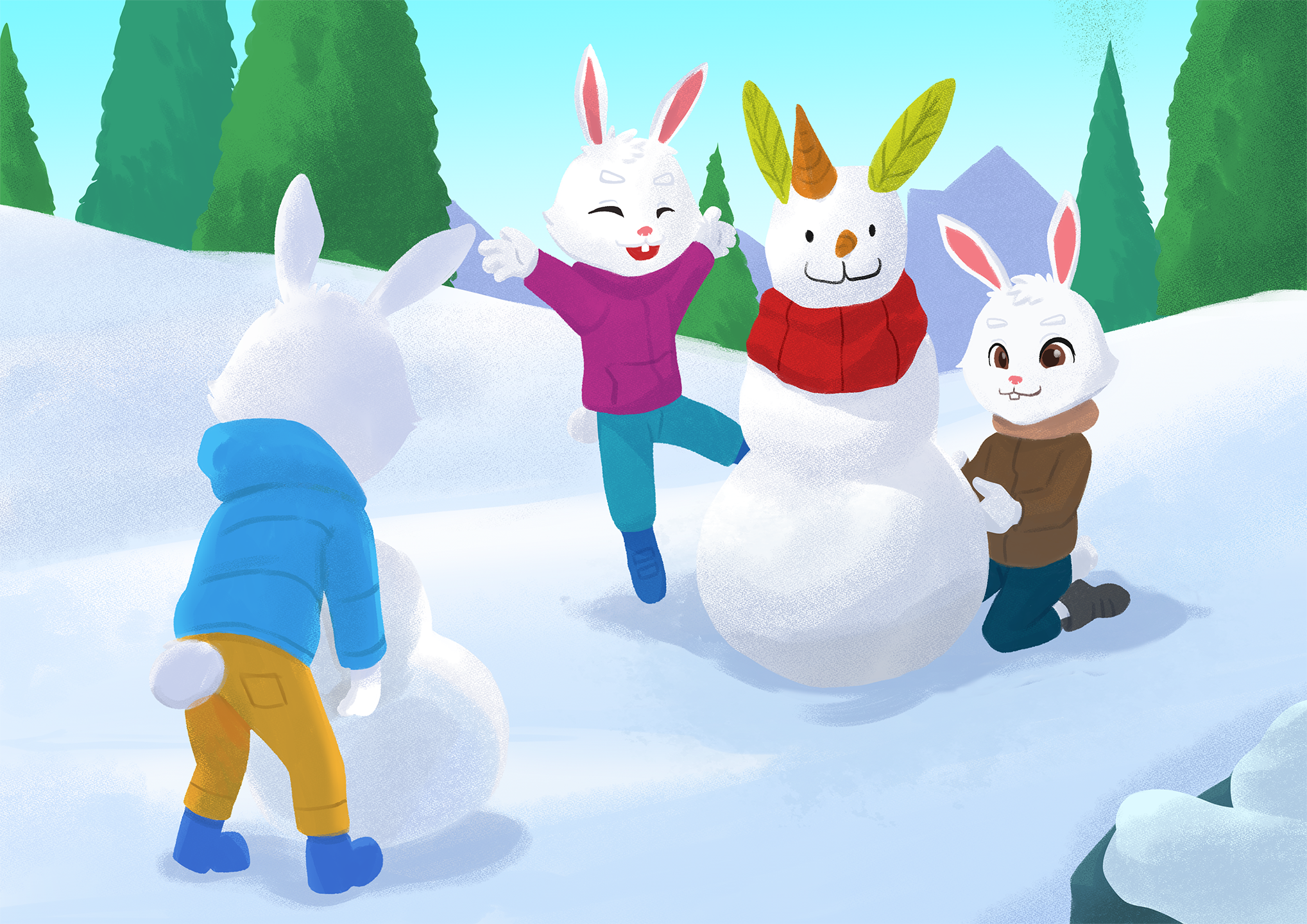 happy bunnies in jackets and winter clothes making a snowman